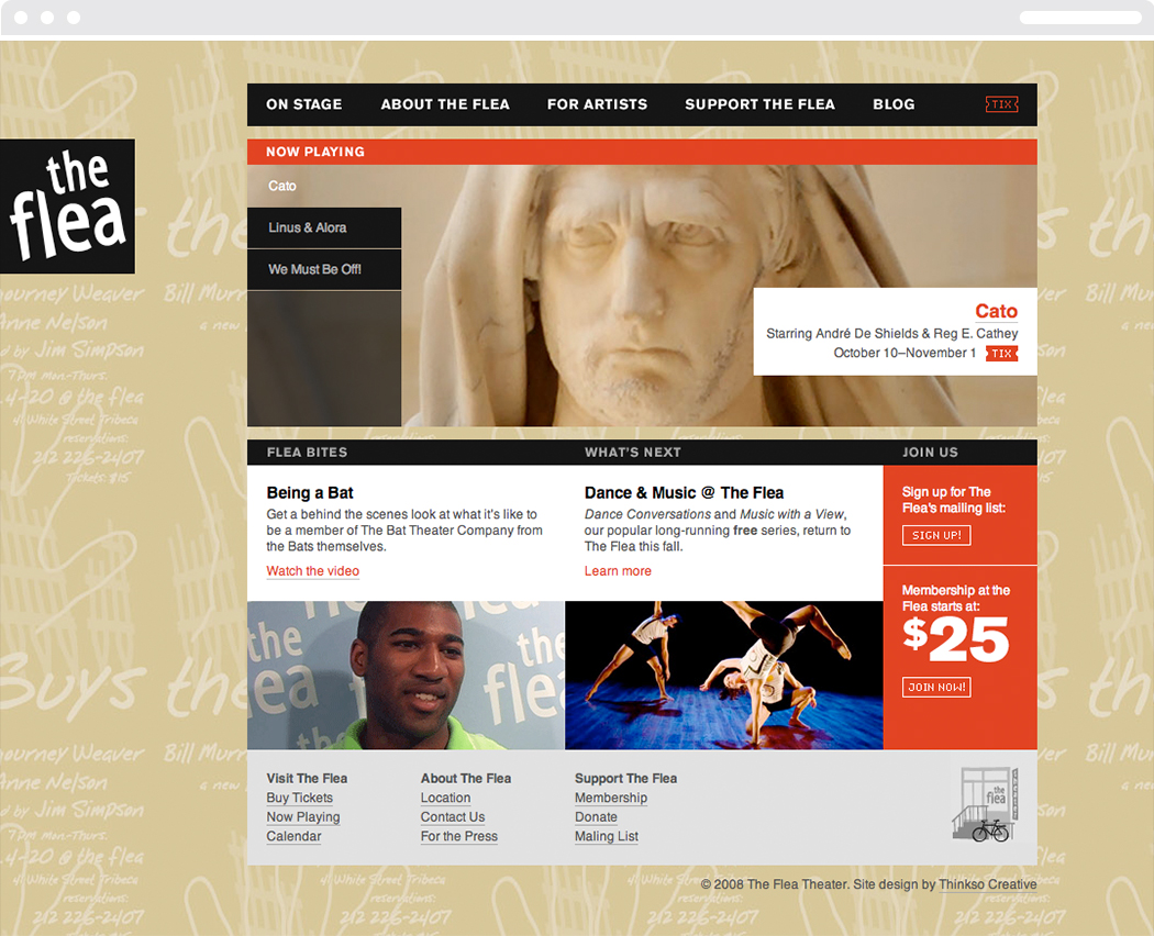 The Flea Theater website homepage, with images from their productions and information about making a donation.