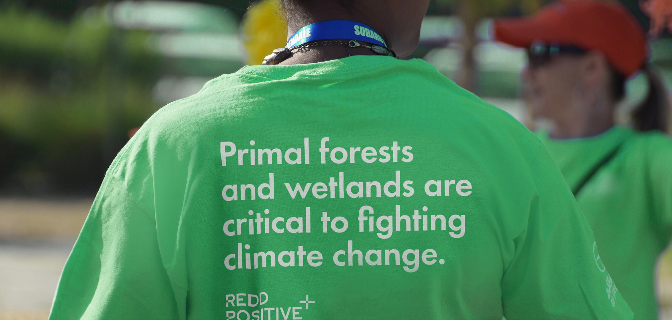 The back of a t-shirt worn by a Wildlife Conservation Society staff person with the text, Primal forests and wetlands are critical to fighting climate change.